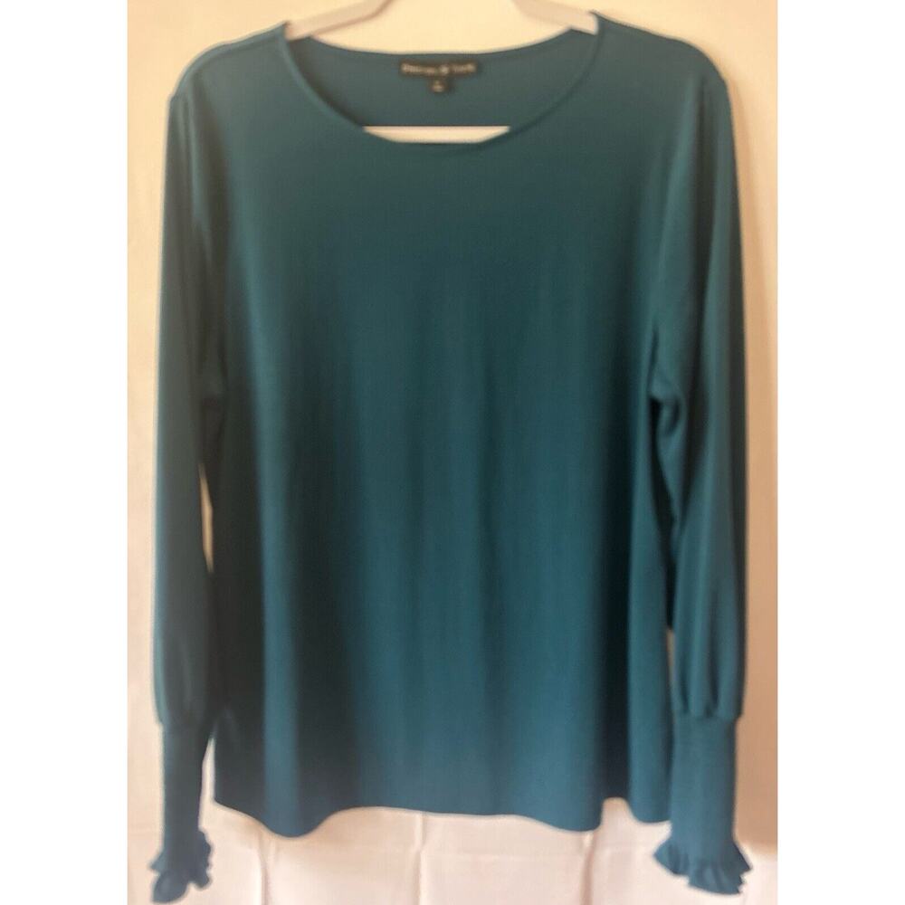 Preston and York Green Blue Large Top Blouse Long Sleeve Elastic Ruffled Wrist